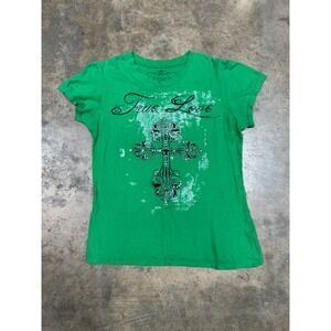 Desiree Graphic Green Tee Women Sz L Rhinestone Cross True‎ Love Y2K Grunge